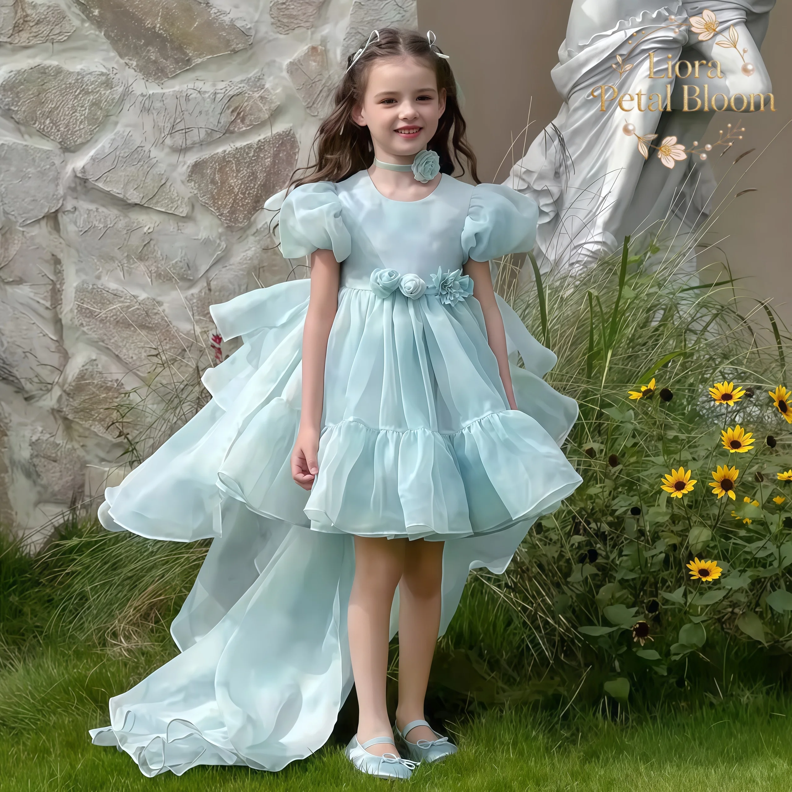 Blue Tulle Gown Girls' Bow Party Dress Girls' Formal Wear Flower Girl Dress Girls' Princess Dress