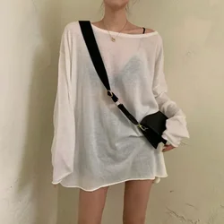 Trend Net Yarn Thin White Tops Tees Summer New Long Sleeve Solid Loose Hollow Out T Shirts Fashion Street Casual Women Clothing