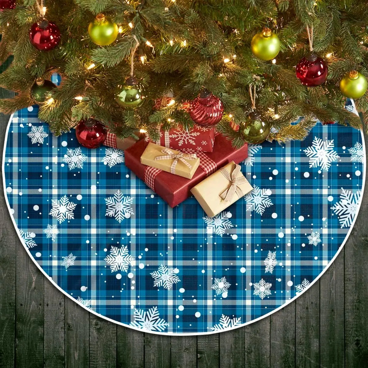 Christmas Tree Skirt, 48 Inch Red Truck Xmas Tree Skirt with Red Black Buffalo Plaid Edge, Rustic Vintage Farmhouse Christmas Decoration Ornaments for Merry Christmas Holiday Party