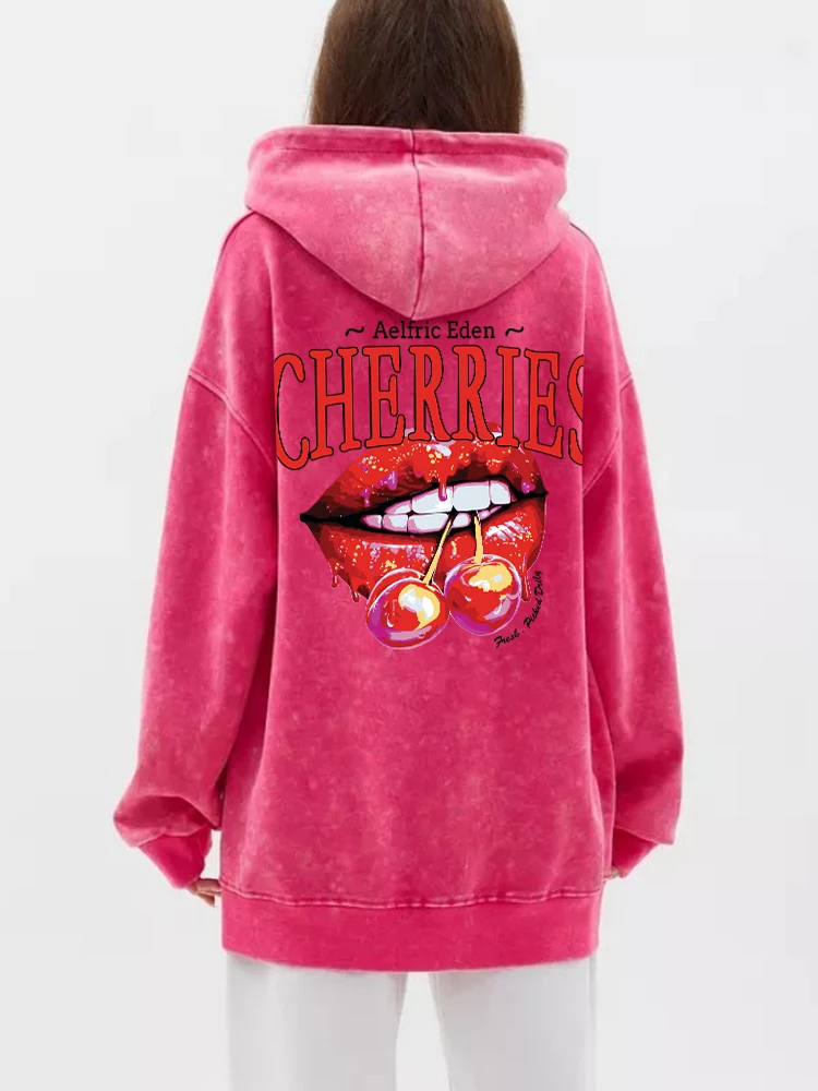 Oversized Womens Washed Hoodie Cherries On The Lips Print Pullover Comfortable Warm Cotton Sweatshirts Casual Couple Streetwear