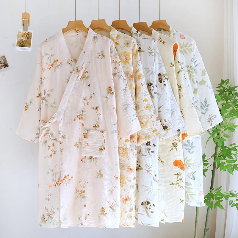 2024 Japanese Kimono Spring/Summer Women's Bathrobe 100% Cotton Pajama Printed Kimono Bathrobe Double-layer Thin Home Clothing