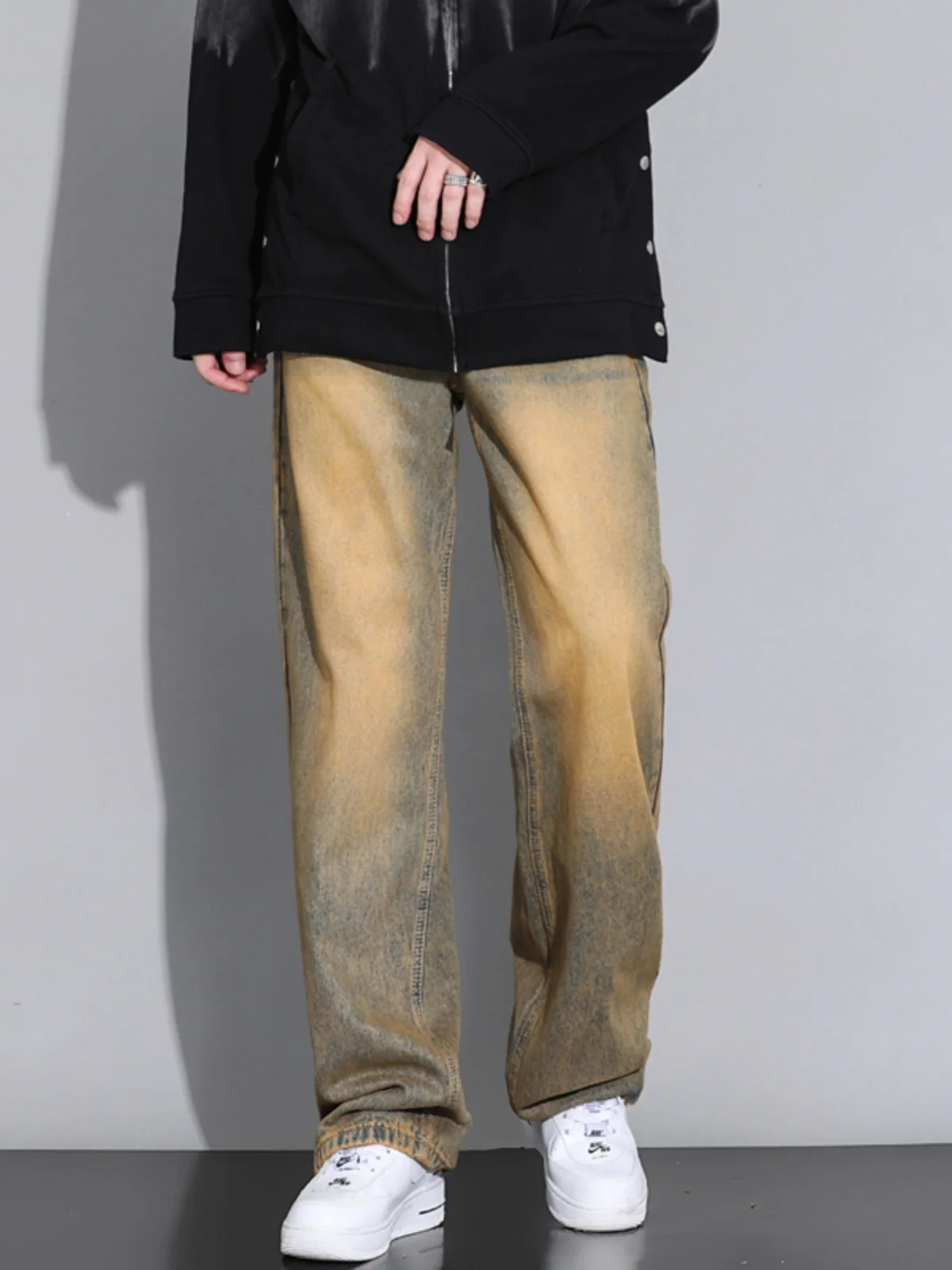 

Мужские джинсы в стиле ретро, американские, новые, 2026 года, с эффектом желтой грязи, свободные, прямого кроя, молодежные, модные, износостойкие