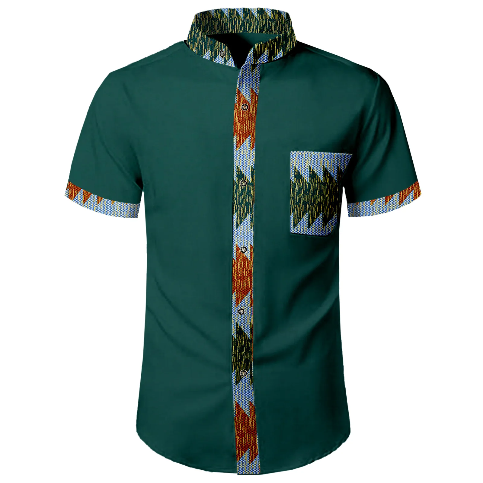Men's African Kente Pattern Patchwork Top Shirt Breathable Short Sleeve Dashiki Ankara Shirt Casual Clothing Attire