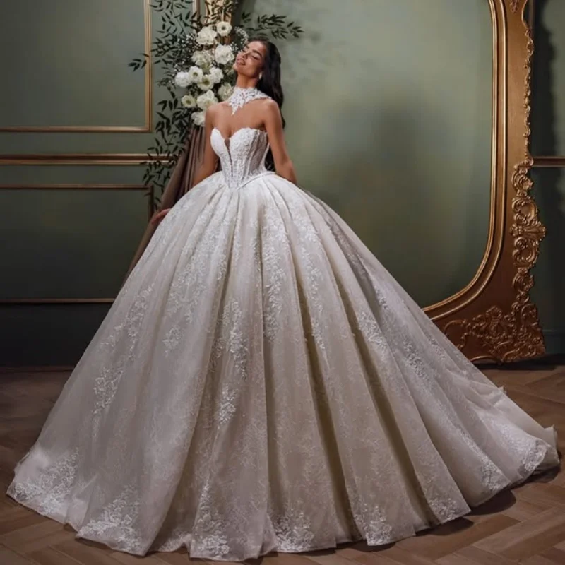 Customized Shiny ivory white Ball Gown Royal Wedding Dresses Sweetheart sequin applique backless Made Robe De