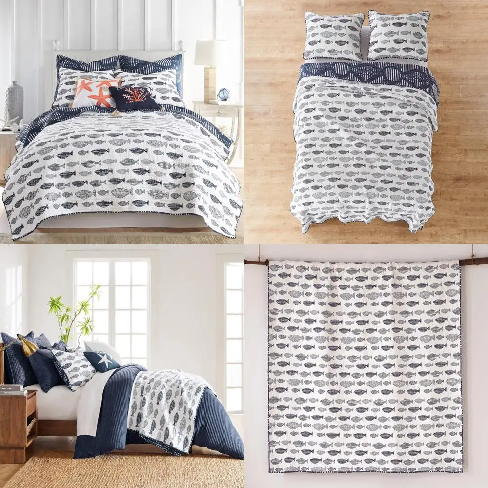 

Contemporary Coastal Navy and White Twin/Twin XL Quilt Set with Standard Pillow Sham