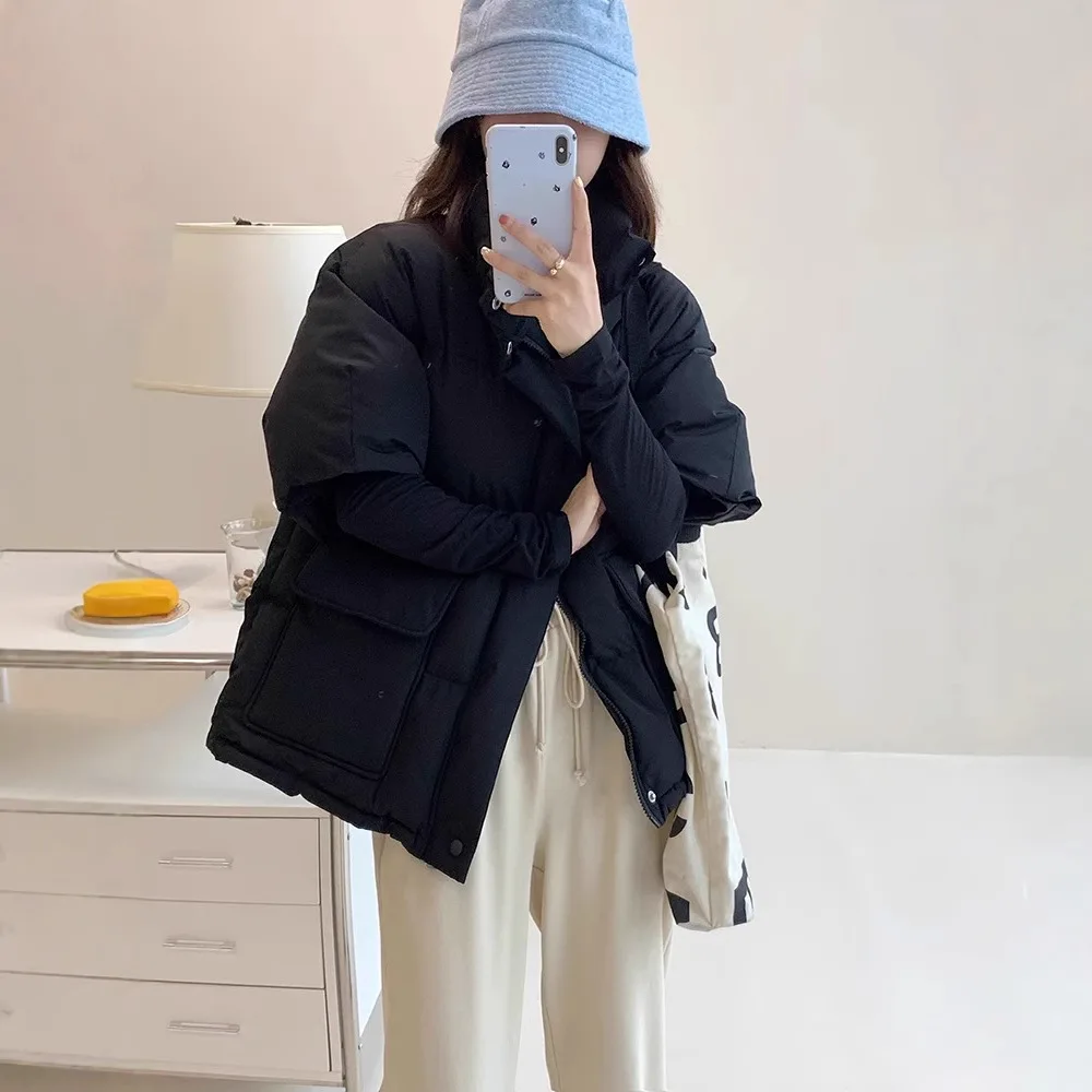 Women Mid Lenth Parkas Coats Solid Overcoats Zipper Half Sleeves Stand Collar Loose Thick Office Lady Casual 2026 Autumn Winter