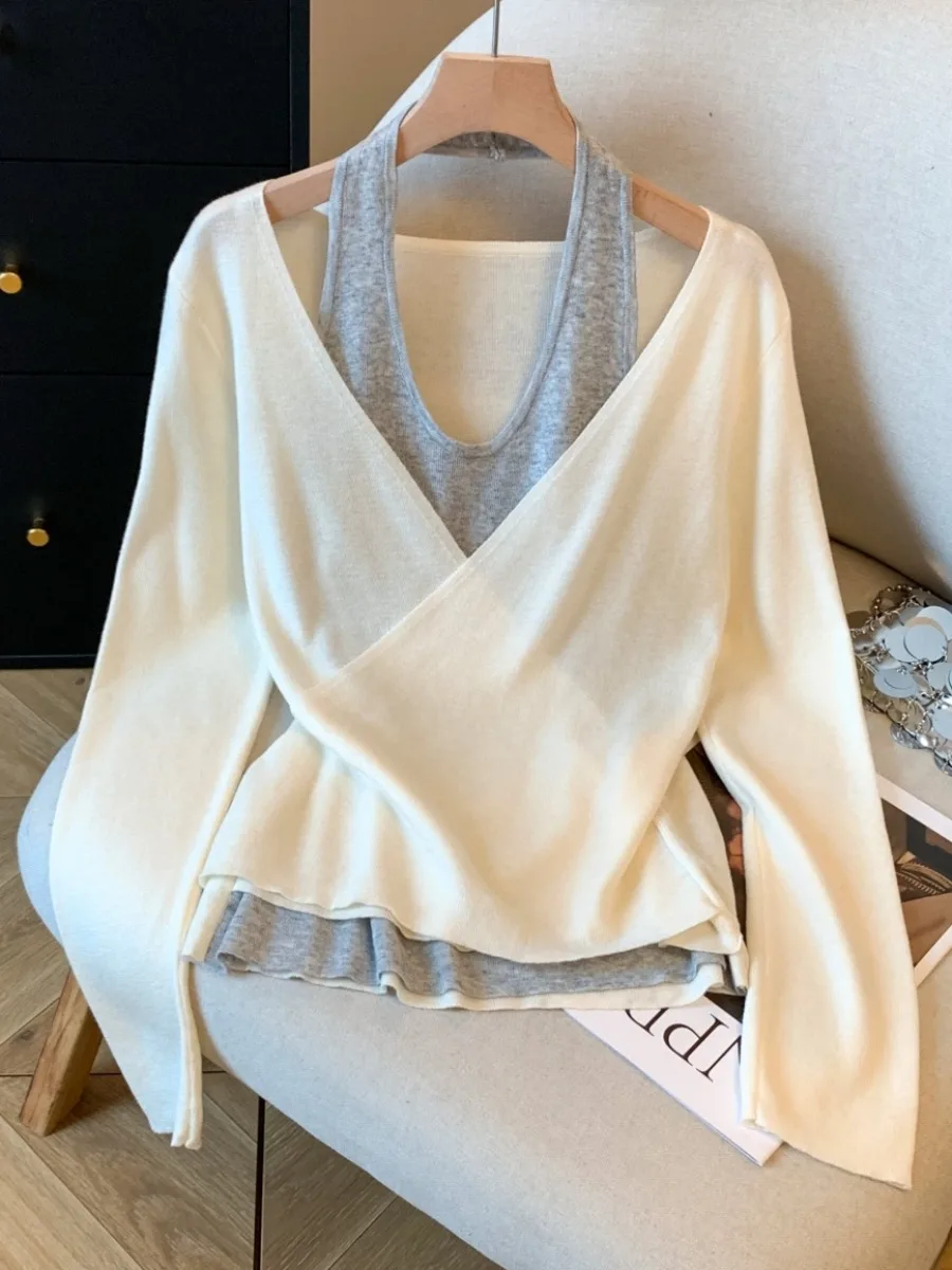 

Women's V-Ne Long Sve Knitted Sweater Cross Design Winter Faion Small ence Self-Kee Sle Korean Loose Fit