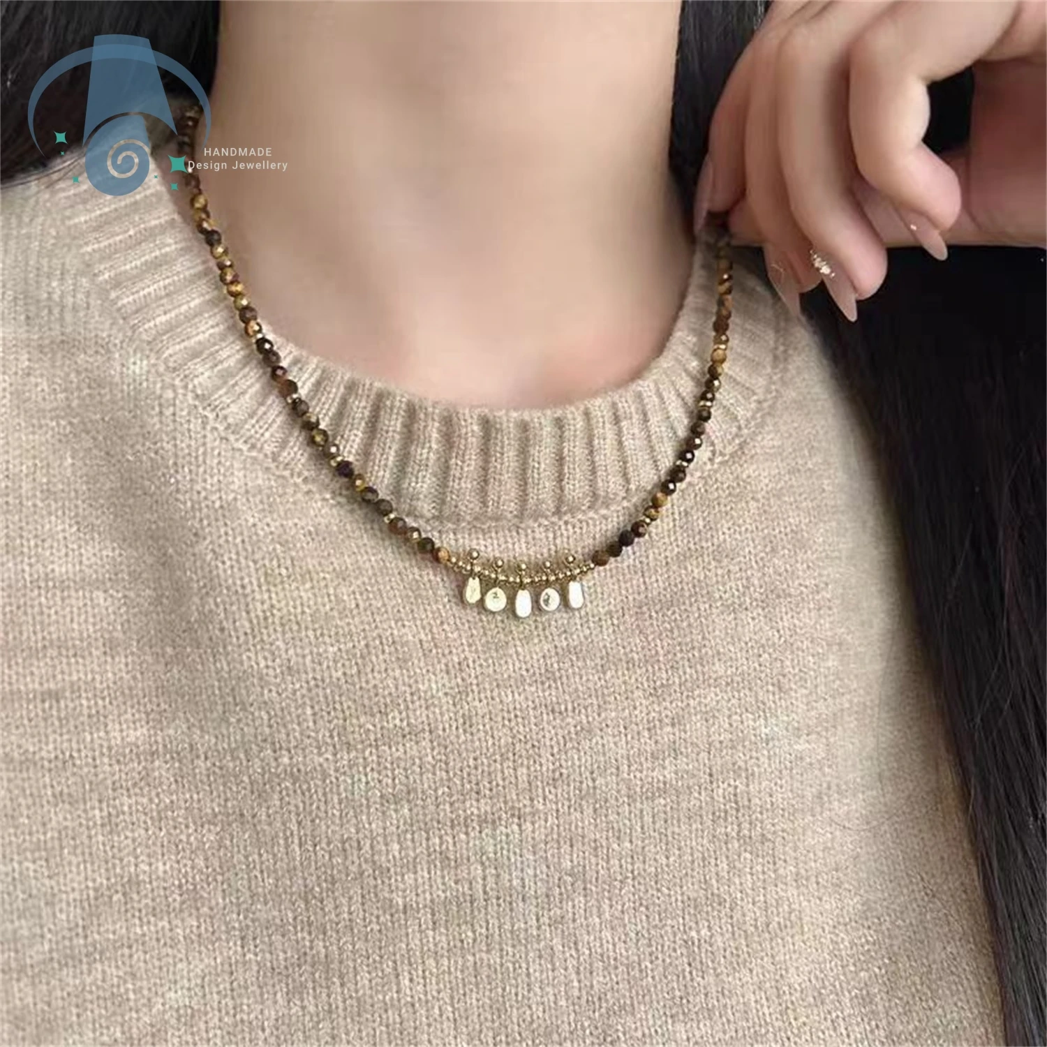 Tiger Eye Necklace Women Spoon Pendant Tassel Collarbone Chain Titanium Steel Non Fading Elegant Fashion Jewelry Gift for Daily