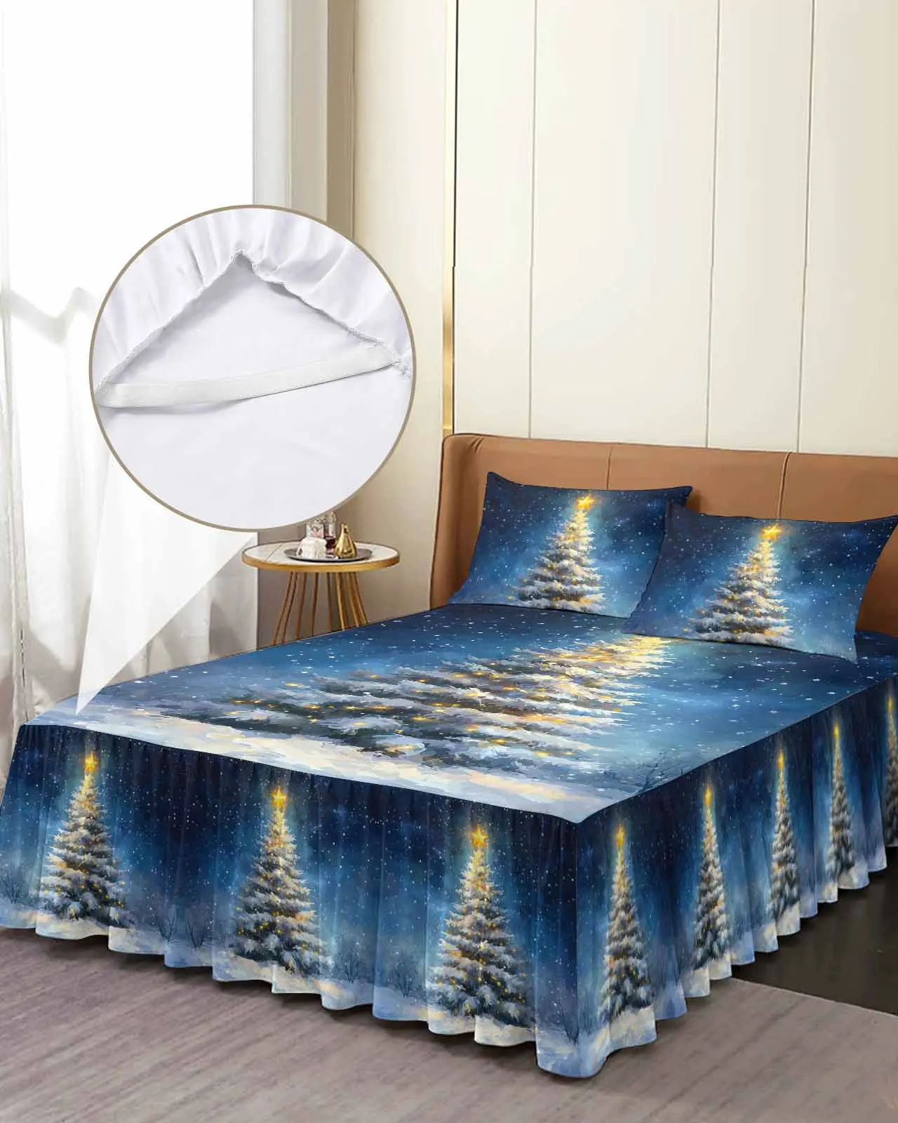 

Christmas Tree Snowflakes Skirt Elastic Fitted Bedspread With Pillowcases Mattress Cover Bedding Set Bed Sheet