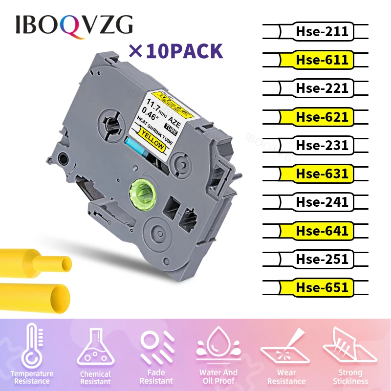

Промышленные ленты IBOQVZG 10PK для Brother Hse-211 Hse-221 Hse-611 Hse-621, термоусадочные трубчатые ленты для Brother P touch Label Maker