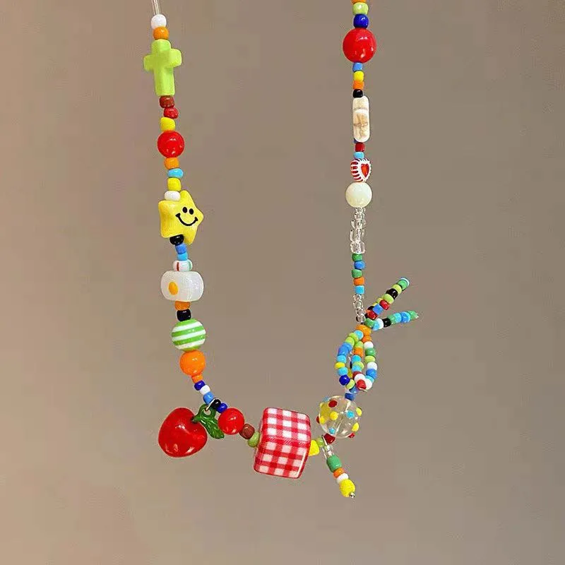 Cute Harajuku Cartoon Fruit Bow Colorful Beads Choker Necklace Egirl Goth Vintage 2000s Y2K EMO Jewelry Aesthetic Accessories