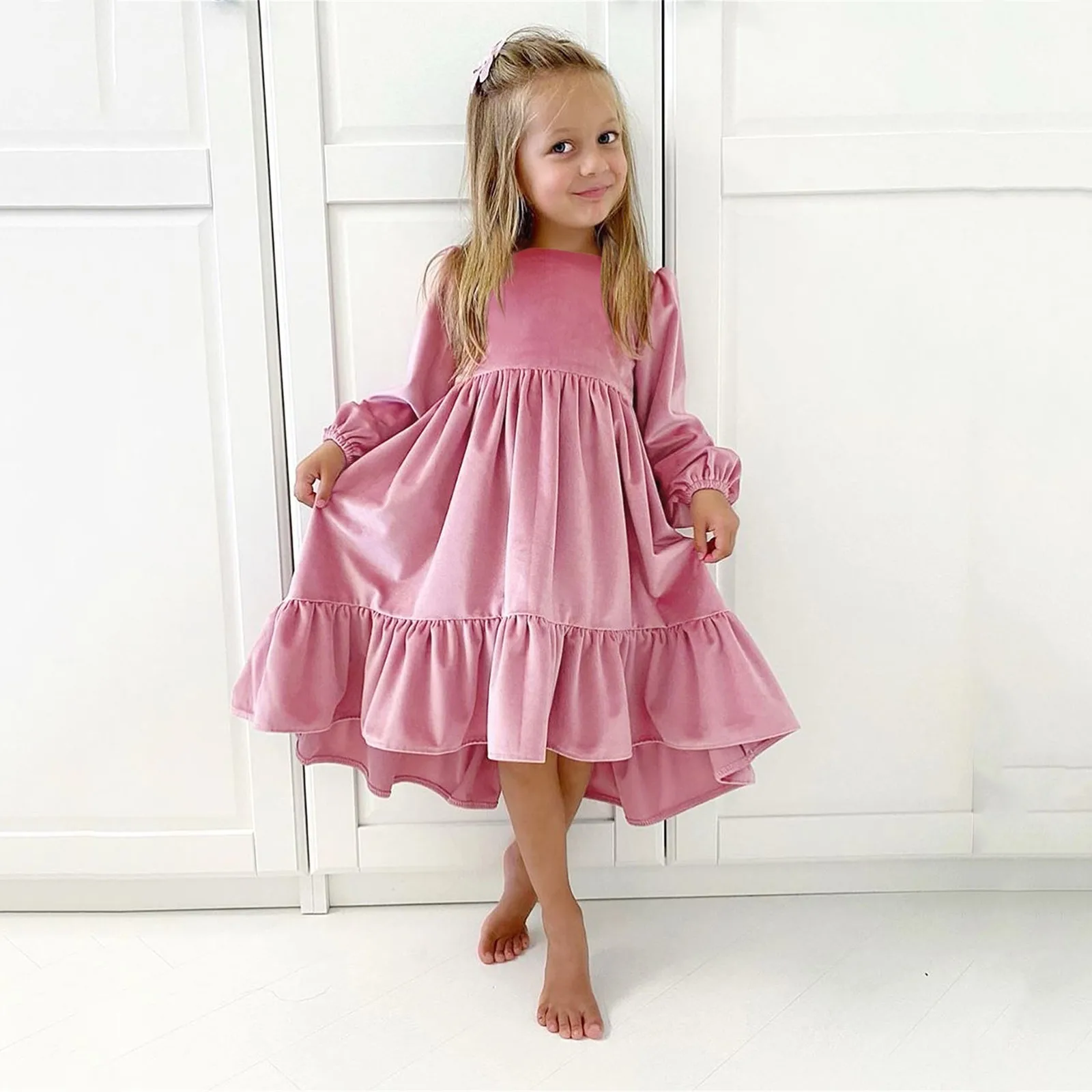 New 7-12 Y Girls Spring Autumn Winter Velvet Long Sleeve Ruffle Hem Formal Dress Princess Kids Party Dressess Children Clothing