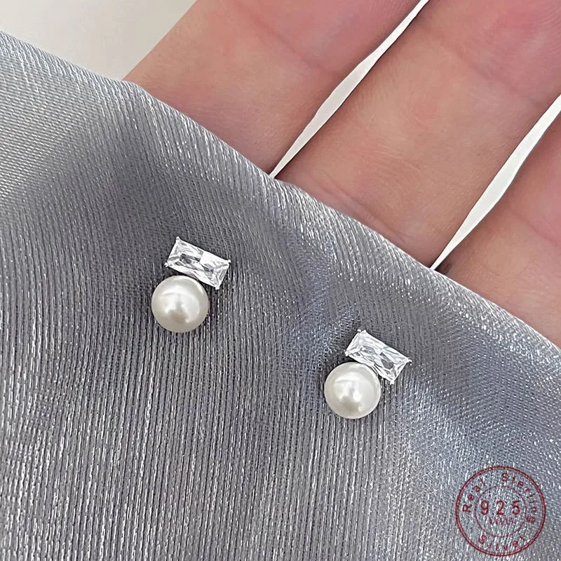 

Girls 925 Sterling Silver Exquisite Versatile Square Zircon Pearls Stud Earrings For Women Girls Wedding Party Jewelry