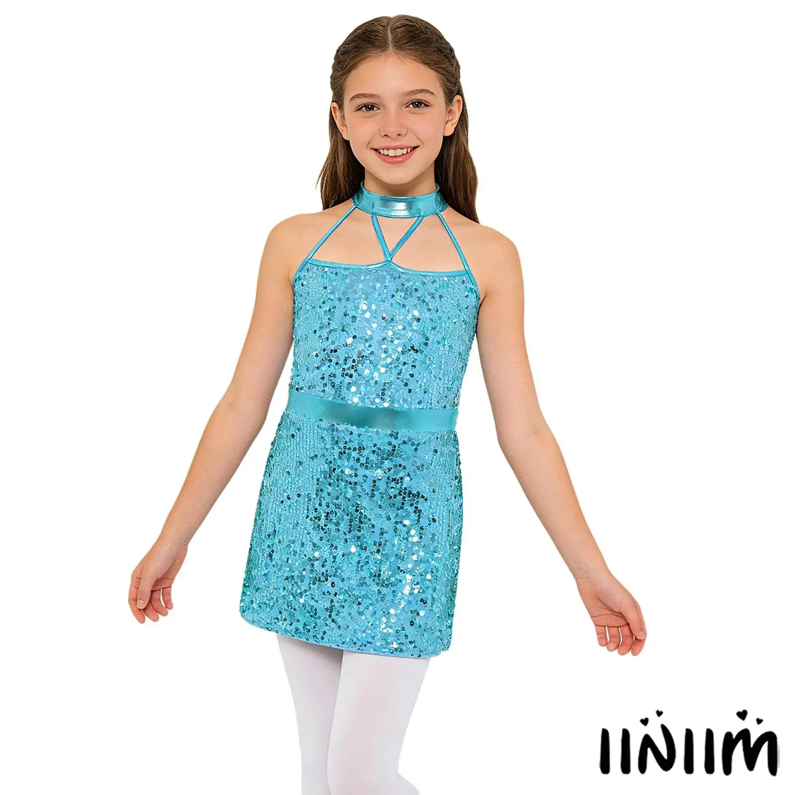 

Детский костюм для джазовых танцев для девочек: платье с блестящими пайетками, без рукавов, на бретелях, со встроенными металлическими шортами