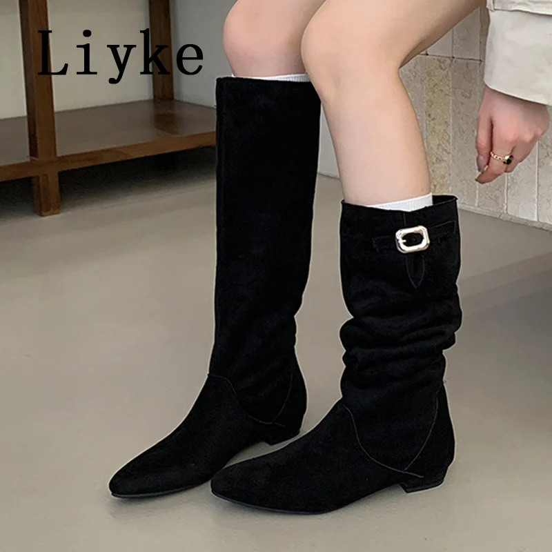 

Liyke дизайнерские черные женские сапоги до колена с пряжкой на ремне и острым носком, осень-зима, женская обувь на низком квадратном каблуке, длинные ботильоны