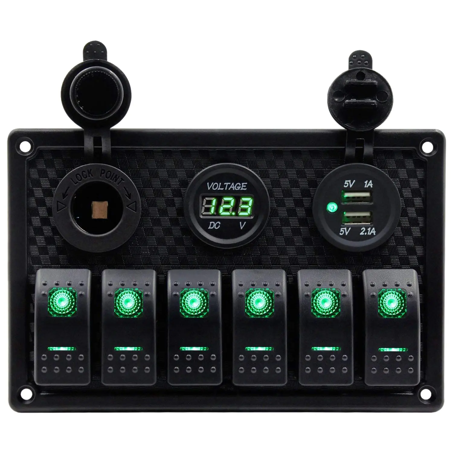 

6 Gang Waterproof Marine Boat Rocker Switch Panel with Green LED Backlight for Car SUV Marine RV Truck Camper Boat