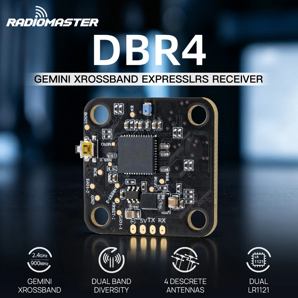 RadioMaster DBR4 Gemini Xrossband ELRS Receiver Dual LR1121 2.4G+900MHz Diversity MAVLINK CRSF For Long Range FPV Fixed-wing