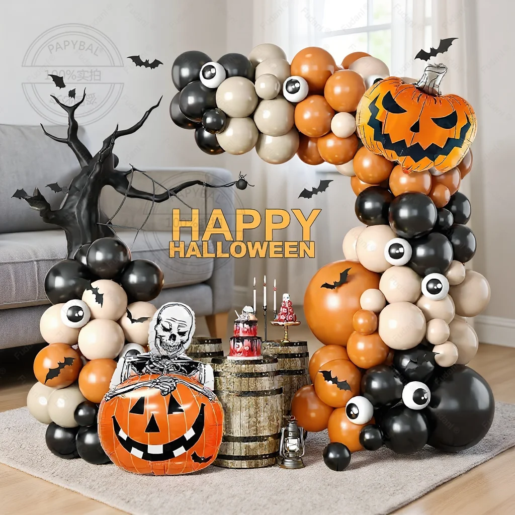 93-teiliges Halloween-Ballon-Set, 3D-Augapfel, doppelter Kürbis, Fledermaus, Halloween-Ballonbogen, Girlande, Dekoration für Party, Outdoor-Dekor-Set