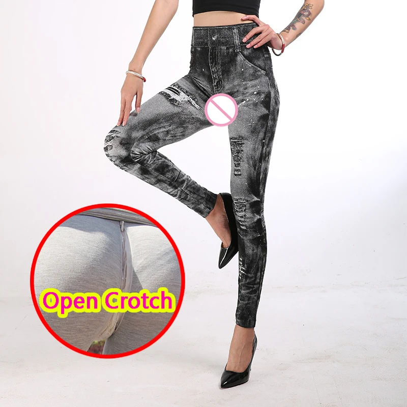 

Woman Sexy Fake Denim Open Crotch Leggings Breathable Printing Summer Fitness Hot Pants Clubwear Hip Warp Fashion Gym Clothing