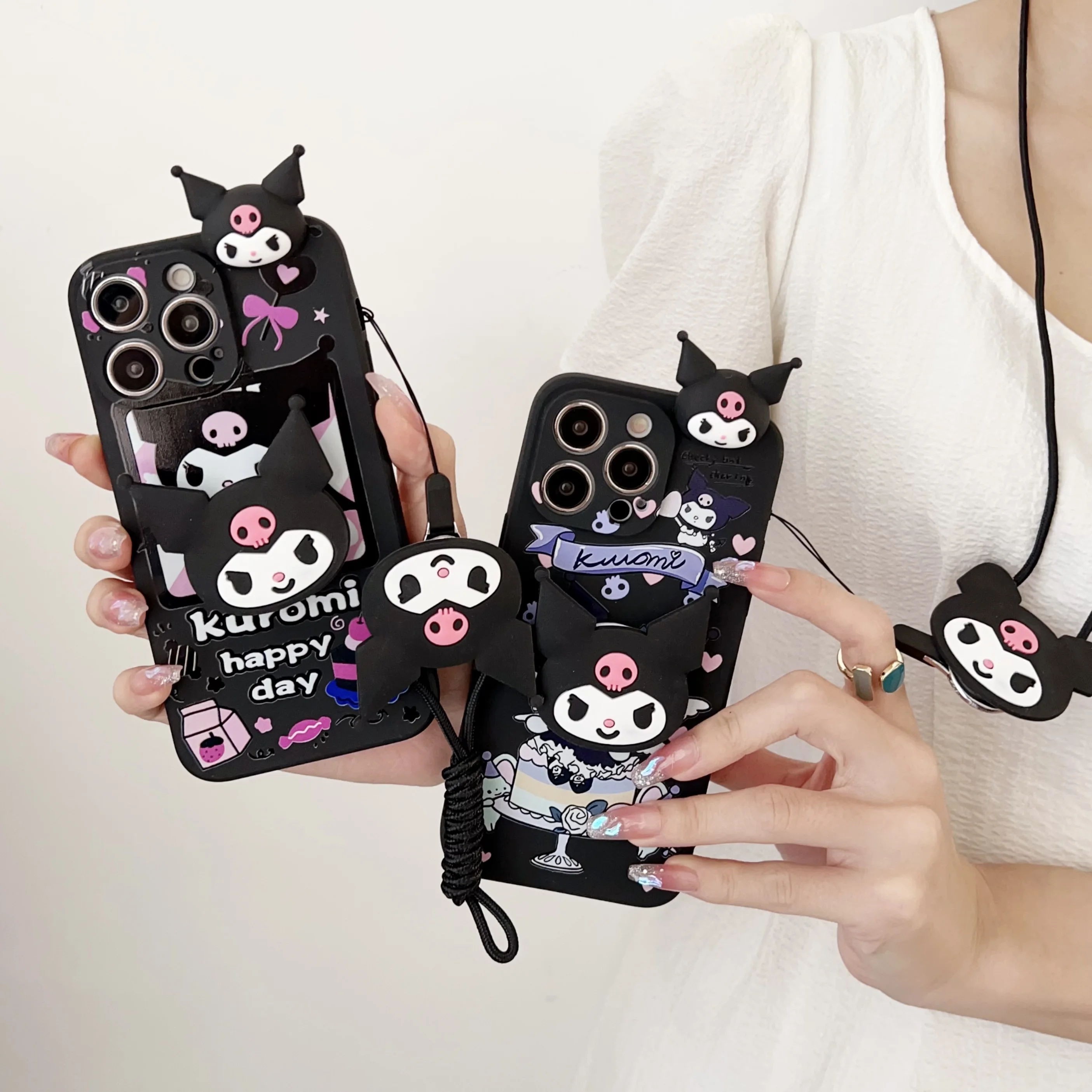 Cute Kuromi Case With Holder Rope For iPhone 6 6s 7 8 X Xs Max XR 11 12 13 14 15 16 Pro SE Max