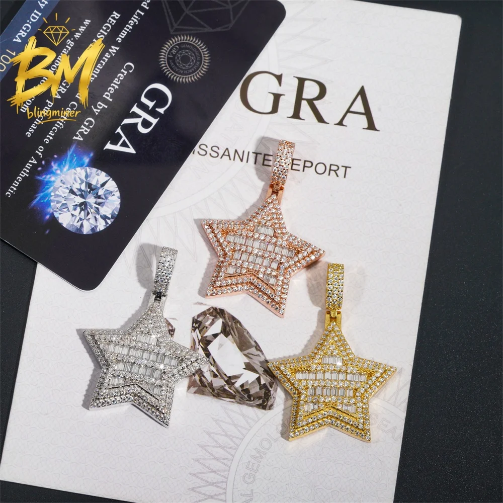 Blingminer Iced Out Star Shape Baguette VVS Moissanite Pendant S925 Silver For Men Women Pendants Jewelry Pass Diamonds Tester