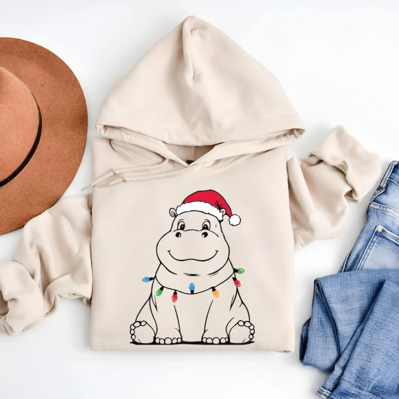 Hippopotamus Christmas Hoodie Hippo Lover Gift  Funny Xmas Hippo Unisex Winter Thermal Essentials Hooded Tops Streetwear Women