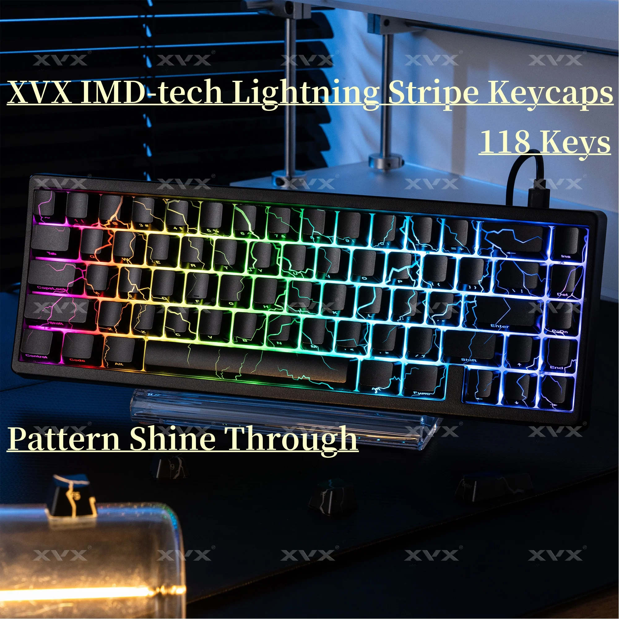 XVX IMD-tech Lightning Stripe Shine Through Keycaps Side Print OEM Profile 118 Keys Black Keycap Set(only keycaps)