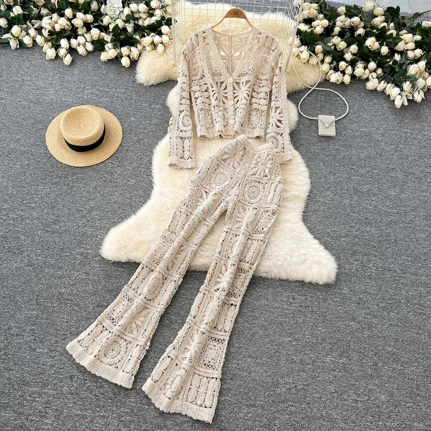 Chic Hook Flower Hollow Women Two-Piece Sets Vintage V-neck Top High Waist Pants French High Street Autumn Winter Knit Clothing