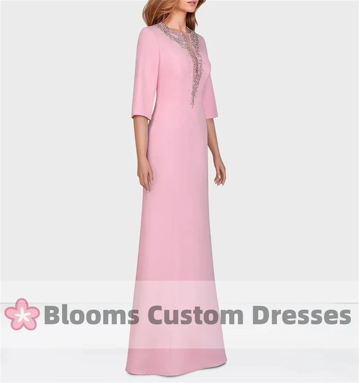 Blooms Pink Crepe Customized Beaded Evening Dresses 3/4 Sleeves Foor-length Elegant Prom Dress Cocktail Wedding Party Gown