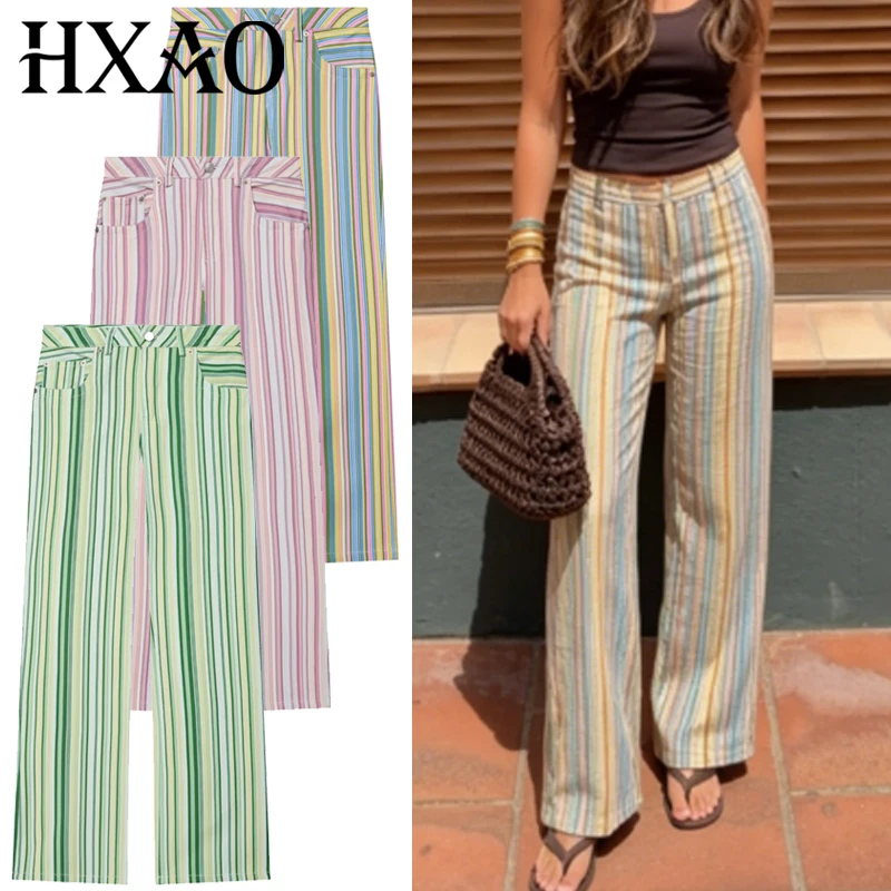 Pantalones Vaqueros Anchos HXAO Rainbow para Mujer, Jeans Rectos 2026, Jeans a Rayas de Tiro Bajo para Mujer, Pantalones de Mezclilla Chic, Pantalones Streetwear