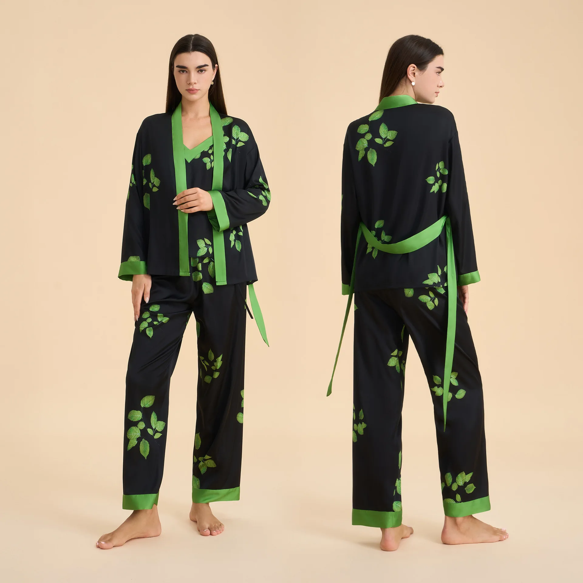

Female 3PCS Pajamas Set Sleepwear Sexy Print Flower Kimono Bathrobe Sling Pants Casual Satin Homewear Loungewear