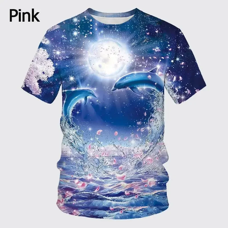 Men Starry Ocean Dolphin Floral 3D Print Crew Neck Short Sleeve Casual Tee