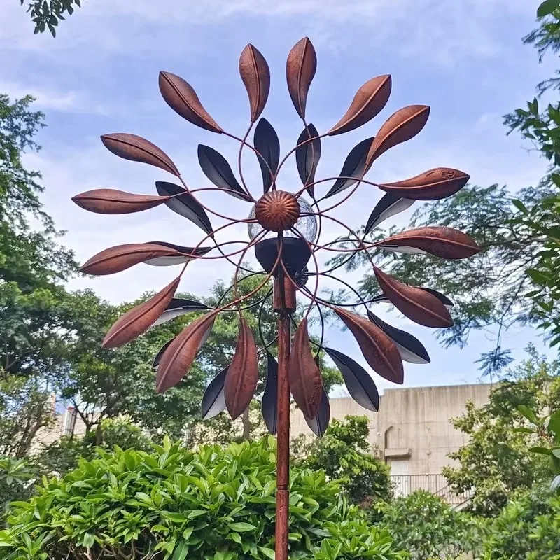 Leaf-Shaped Dual-Rotating Metal Wind Spinner Garden Yard Outdoor Kinetic Sculpture Decor Antique Copper Finish Tall Stake
