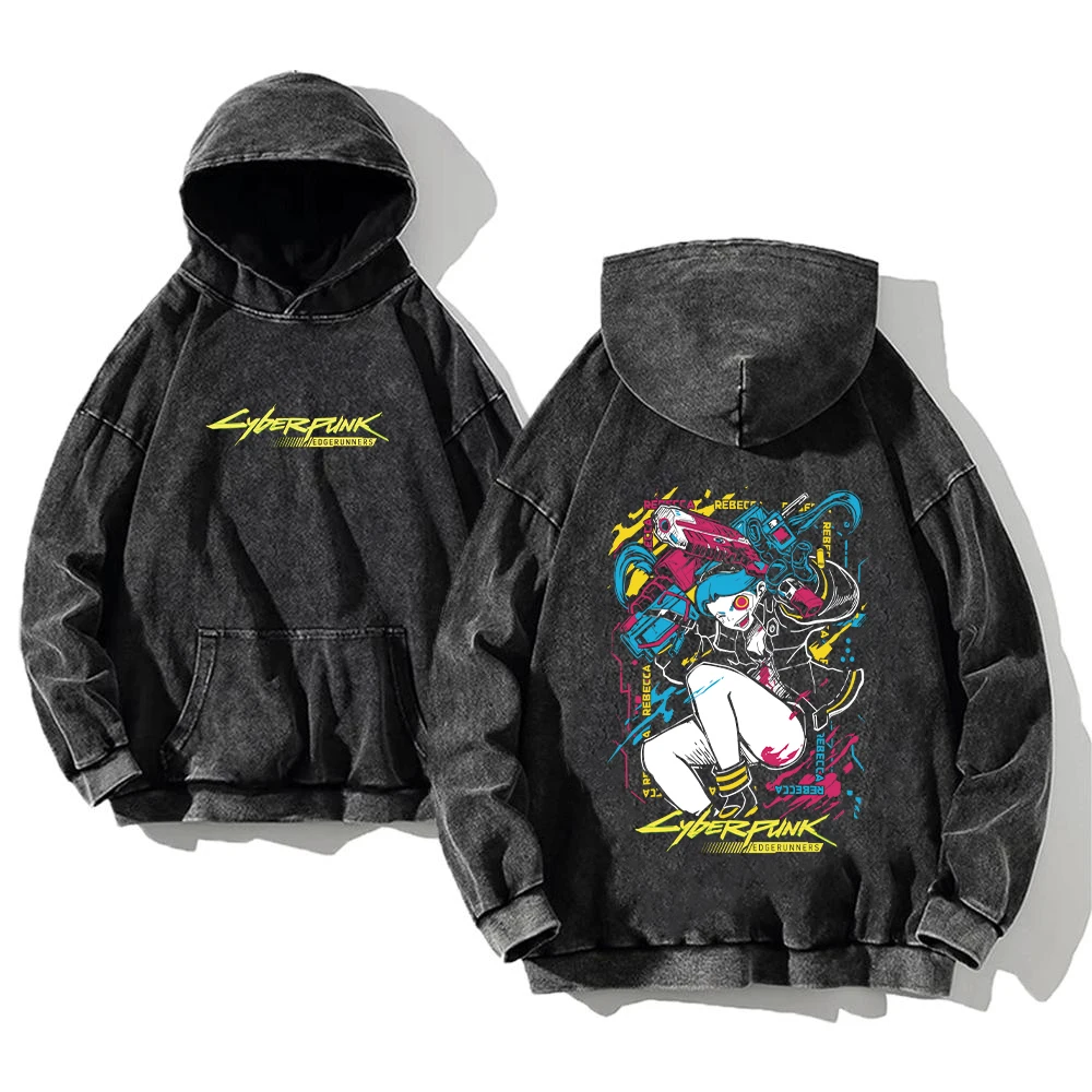 Anime Cyberpunk: Edgerunners Washed Hoodies Printed Casual Men Contains Cotton High Quality Fashion Loose Pullover Unisex