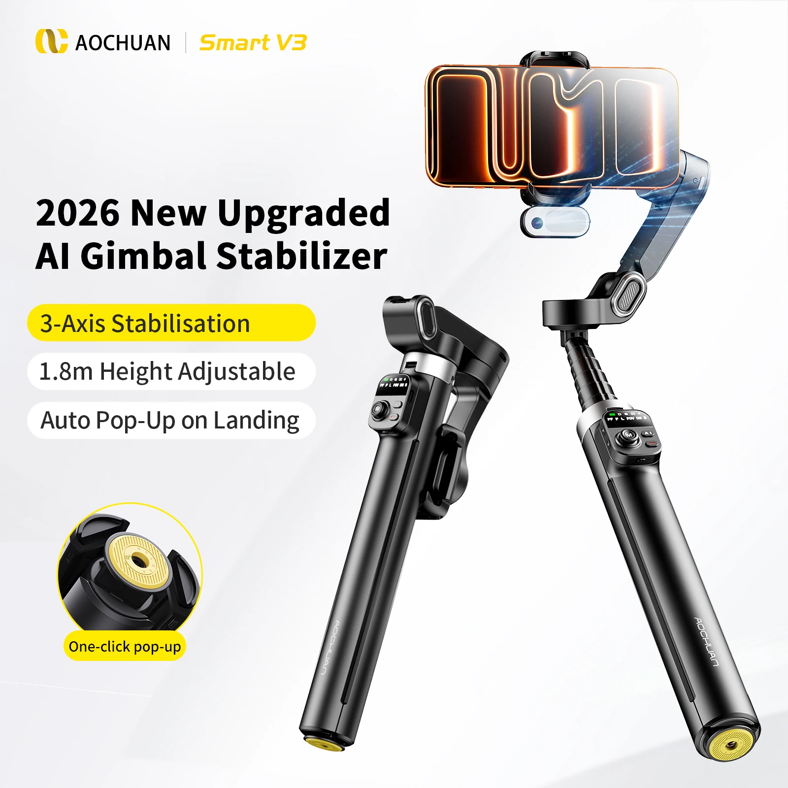 

AOCHUAN 3-Axis Gimbal Stabilizer Smart V3 Built-in Extension Rod Detachable Remote with AI Tracking Fill Light For Vlog shooting
