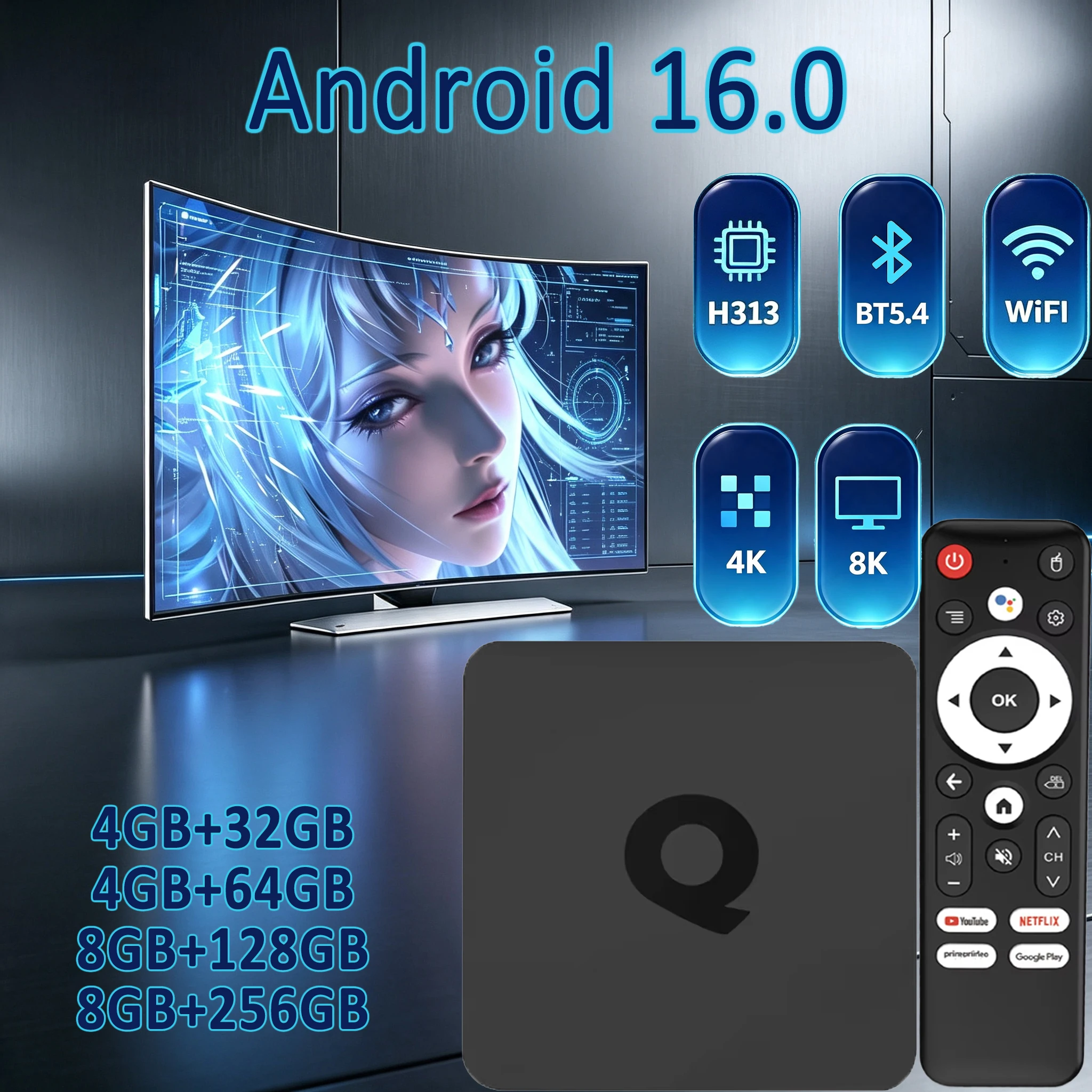 Smart TV Box Android16 8GB 256GB 4K 8K HDR10 Dual Wifi BT5.4 Voice Control Media Player Q1 H313 Netflix Home Theater Set Top Box