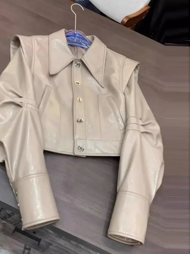 

Spring 2026 Women's PU Leather Biker Jacket Unique Small Size High-End Feel Street Style Long Sleeve Button Decorated Regular...