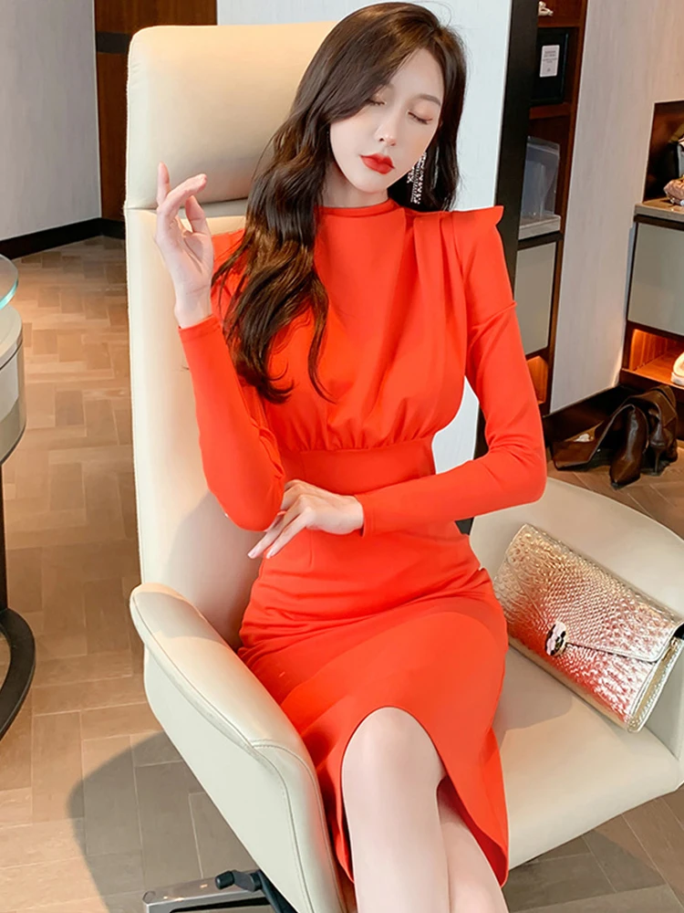 Eleganti abiti Midi alla moda per le donne 2023 arancione manica lunga vita alta Split Bodycon Skinny Dress Lady Street Office Vestidos