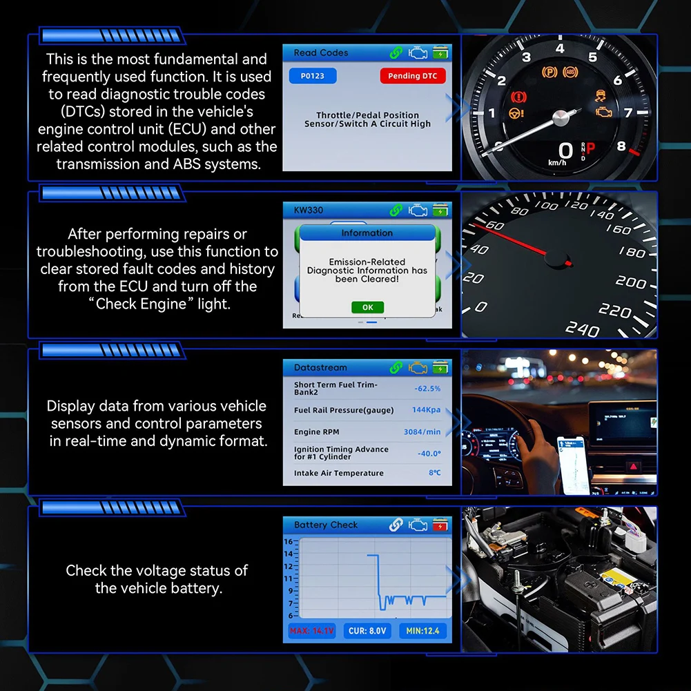 

Автосканер KW330 OBD2 с портом Type-C для передачи данных на ПК, обновления прошивки и функцией печати, тестирование аккумулятора в реальном времени
