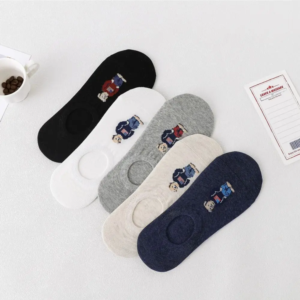 Fashion Japanese Non-slip Invisible Slippers Socks Bear Middle Tube Hosiery Casual Hosiery Men's Boat Socks Korean Style Socks