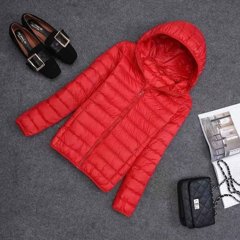 Lekka damska kurtka puchowa na jesień i zimę, dopasowany krój, płaszcz z kapturem, plus size, cienka odzież wierzchnia, na okres poza sezonem.