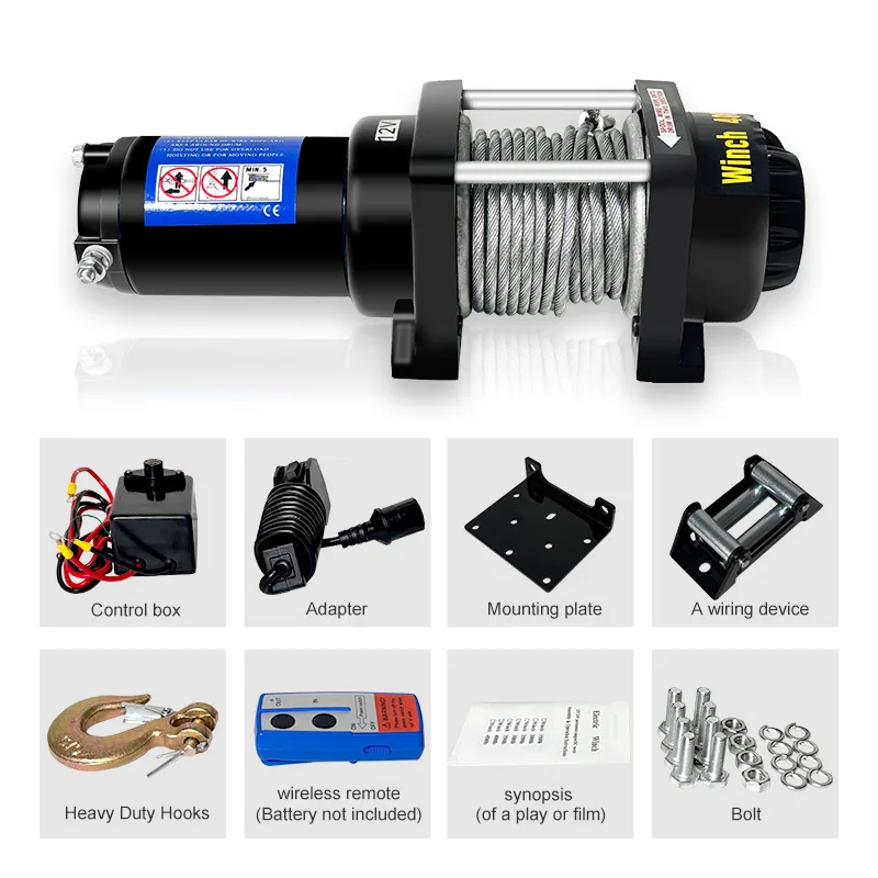 ونش كهربائي محمول 12 فولت تيار مستمر مادة فولاذية سعة رفع 4000 رطل للسيارة والقارب تتميز بحبل أسلاك الفولاذ
