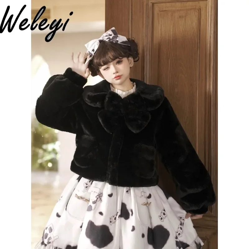 

Kawaii Lolita Ropa De Mujer Plush Coat 2024 Winter Versatile Princess Long Sleeve Doll Collar Imitation Rabbit Fur Short Coats