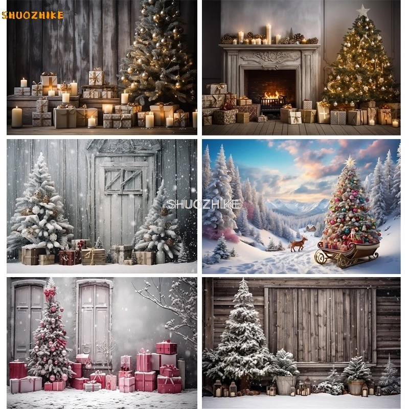 Christmas Tree With Wooden Floor Photography Backdrops Pinecones Snow Fireplace New Year Winter Holiday Party Background DT-24