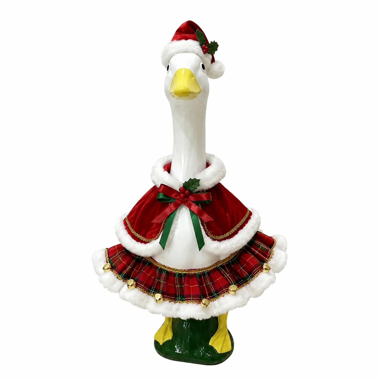23Inch Goose Statue Christmas Outfit Red Cape Plaid Skirt Santa Hat Set with Holly Bells Xmas Decorative Costume Goose Sculpture