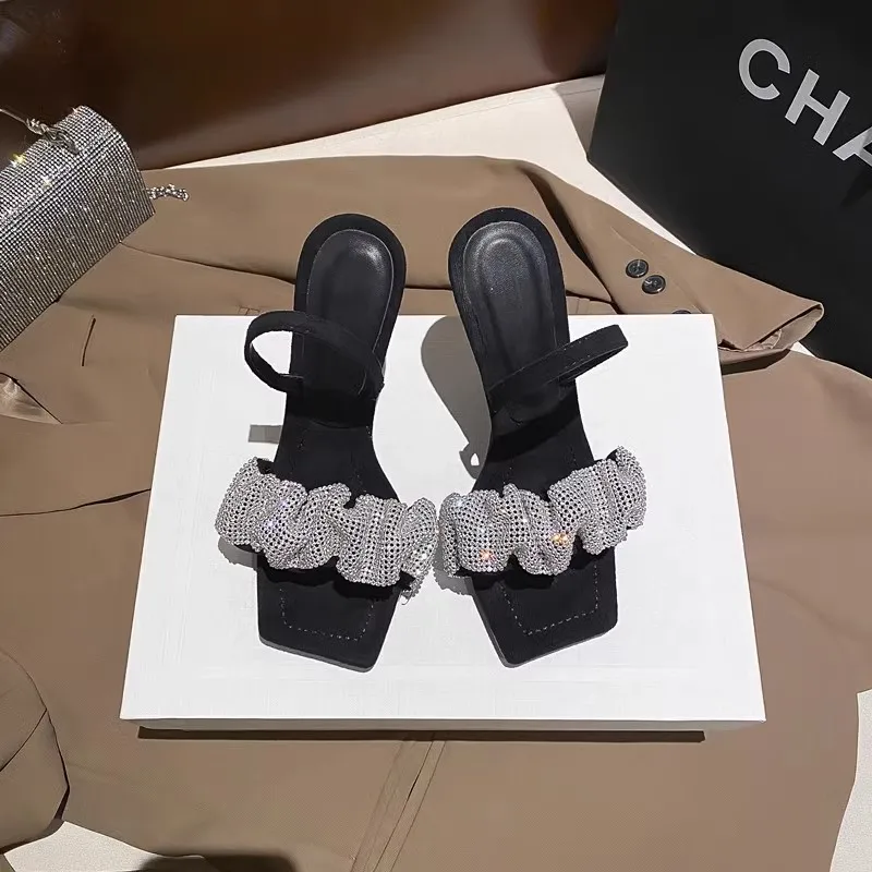

Black Rhinestone High Heels Women's 2025 Summer New Arrival Fine Heel Block Toe Strappy Sexy High Heels for Women Summer