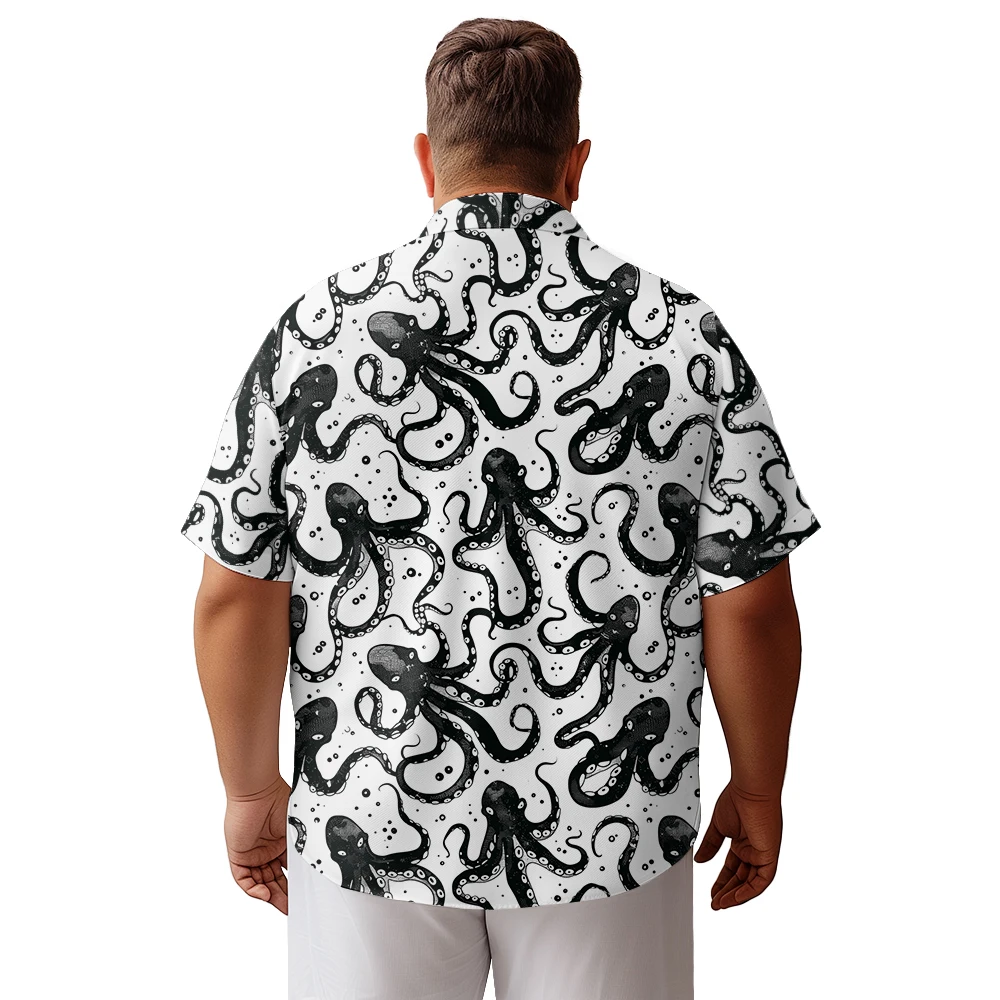 2024 new Hawaii Men's shirts plus size Deep-sea black and white ink octopus printed clothing casual short-sleeved