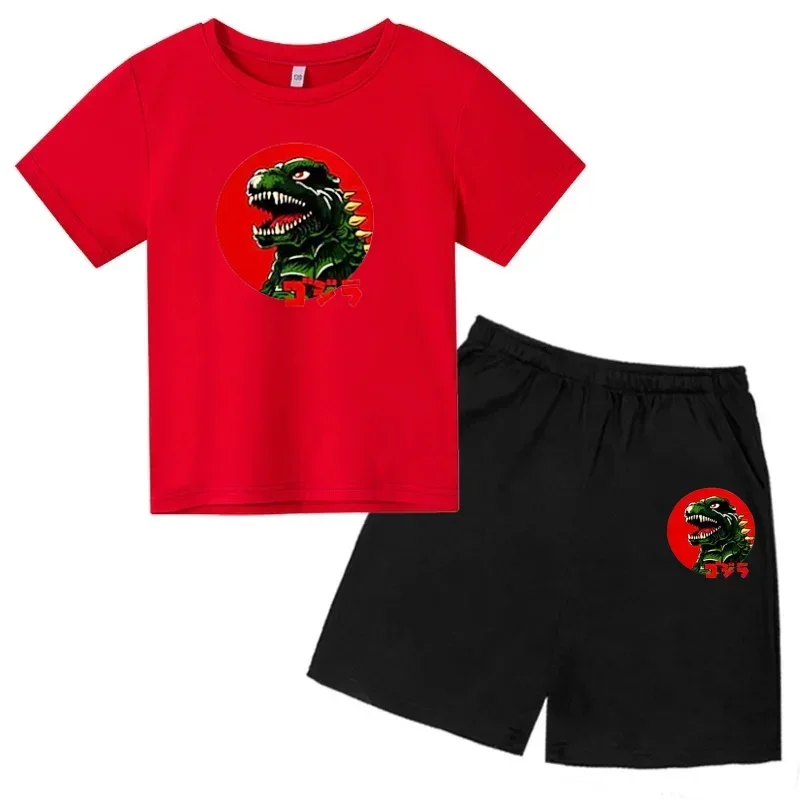 Boys Girls Kids Short Pants Cute Funny Monster Godzilla Leisure Summer Children Tracksuit Fashion Clothes Cotton T-shirt Sets