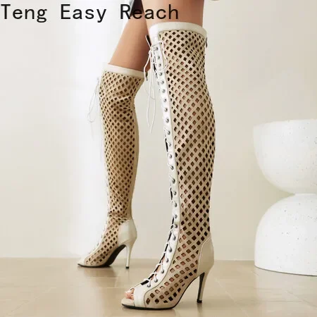 Black Long Boots for Women Summer Sexy Open Toe Over Knee High Boots for Women Lace-up Nightclub Dance Shoes Large Size 48