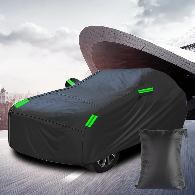 Nova capa de carro, tecido revestido de prata 190t preto completo, capa de carro para proteção solar contra chuva com faixa reflexiva capa de carro de poliéster